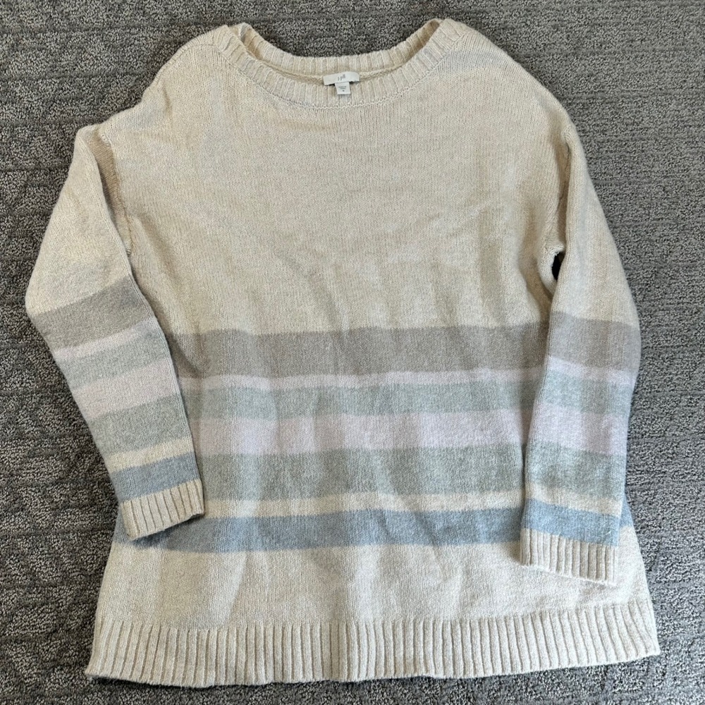 J Jill Striped‎ Sweater Women's M Cream Blue Gray Casual Long Sleeve Knit Top